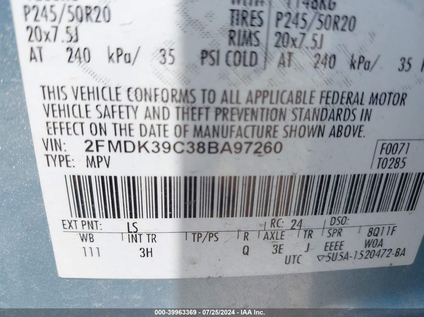 2008 Ford Edge Limited VIN: 2FMDK39C38BA97260 Lot: 39963369