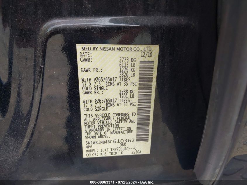 2011 Nissan Pathfinder Sv VIN: 5N1AR1NB4BC610362 Lot: 39963371