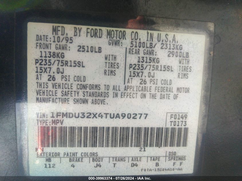 1996 Ford Explorer VIN: 1FMDU32X4TUA90277 Lot: 39963374