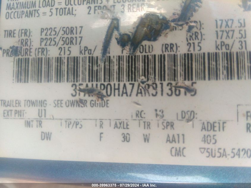 2010 Ford Fusion Se VIN: 3FAHP0HA7AR313615 Lot: 39963375