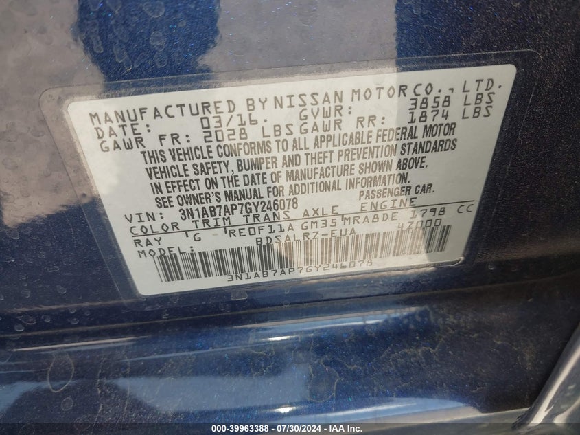 2016 Nissan Sentra S/Sv/Sr/Sl VIN: 3N1AB7AP7GY246078 Lot: 39963388