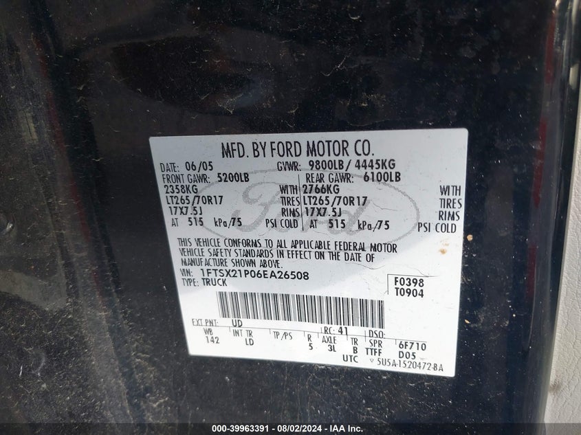 2006 Ford F-250 Lariat/Xl/Xlt VIN: 1FTSX21P06EA26508 Lot: 39963391