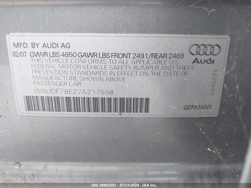 2007 Audi A4 2.0T VIN: WAUDF78E27A217558 Lot: 39963393