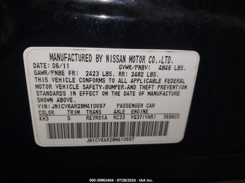 2011 Infiniti G37X VIN: JN1CV6AR2BM410697 Lot: 39963404