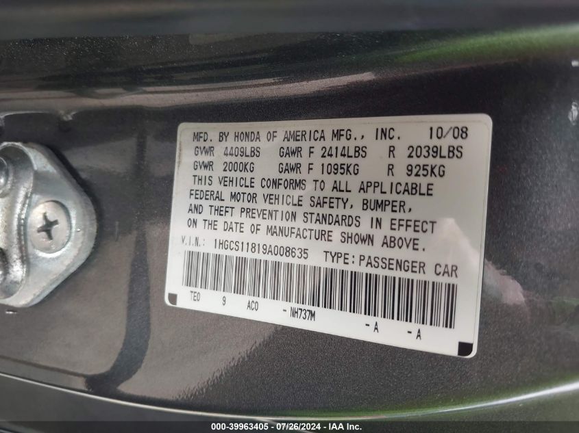 1HGCS11819A008635 | 2009 HONDA ACCORD