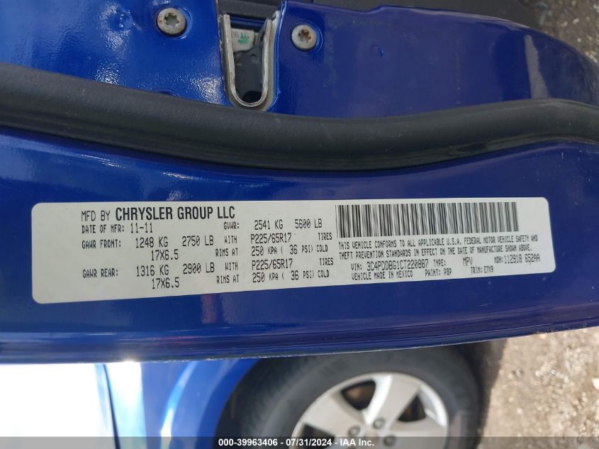 2012 Dodge Journey Sxt VIN: 3C4PDDBG1CT220887 Lot: 39963406