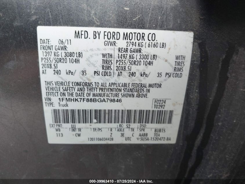 2011 Ford Explorer Limited VIN: 1FMHK7F88BGA79846 Lot: 39963410