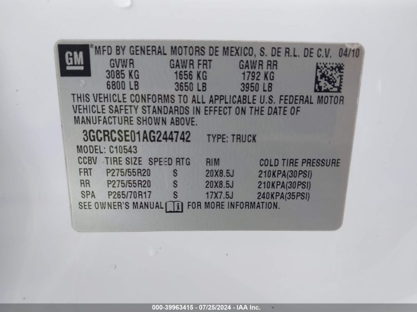 2010 Chevrolet Silverado 1500 Lt VIN: 3GCRCSE01AG244742 Lot: 39963415
