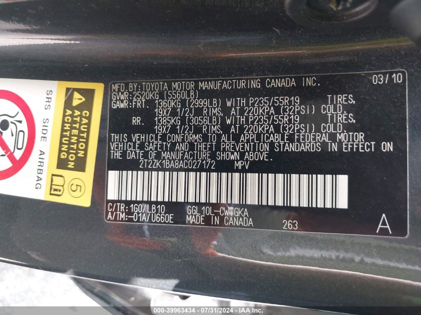 2010 Lexus Rx 350 VIN: 2T2ZK1BA8AC027172 Lot: 39963434