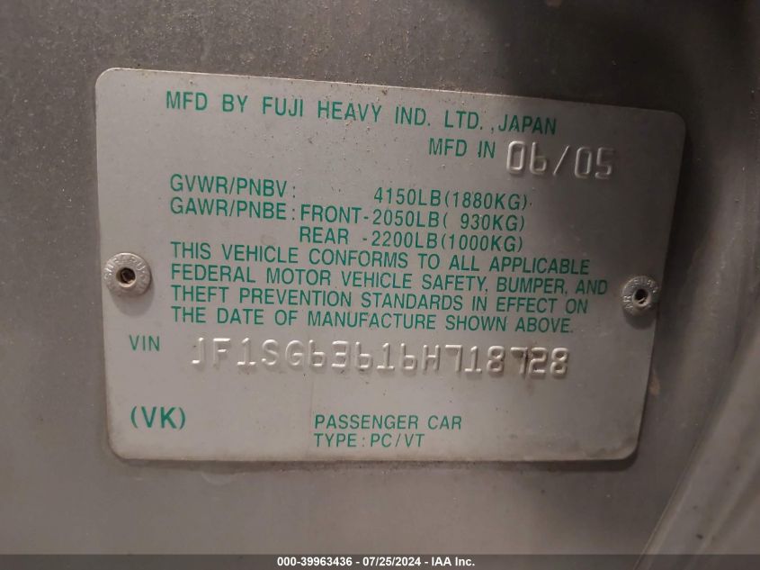 2006 Subaru Forester 2.5X VIN: JF1SG63616H718728 Lot: 39963436