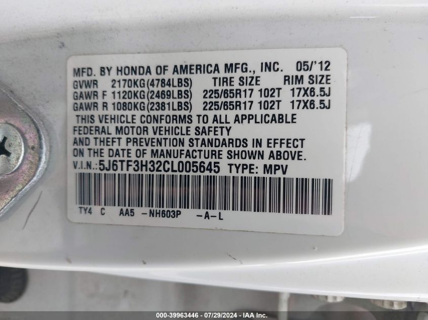 2012 Honda Crosstour Ex VIN: 5J6TF3H32CL005645 Lot: 39963446