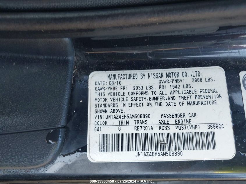 2010 Nissan 370Z VIN: JN1AZ4EH5AM506890 Lot: 39963450