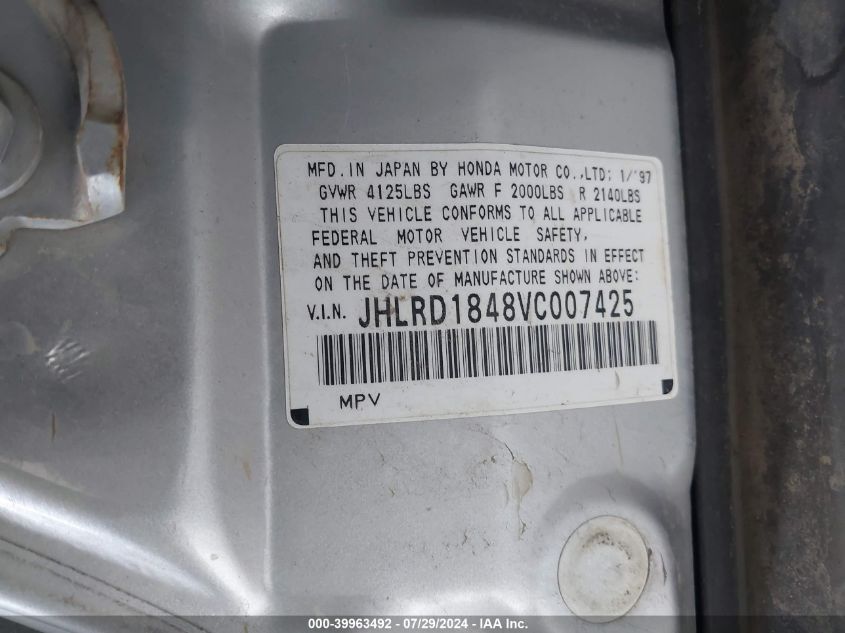 1997 Honda Cr-V VIN: JHLRD1848VC007425 Lot: 39963492