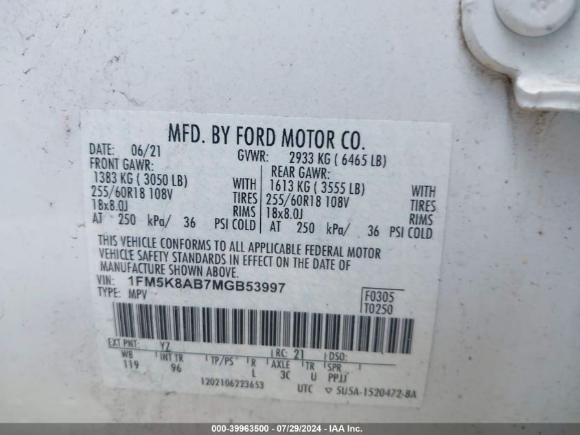 2021 Ford Explorer Police Interceptor VIN: 1FM5K8AB7MGB53997 Lot: 39963500