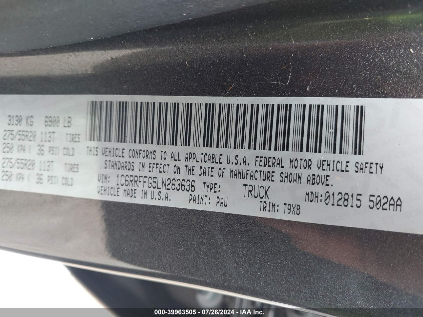 2020 Ram 1500 Big Horn 4X4 5'7 Box VIN: 1C6RRFFG5LN263636 Lot: 39963505