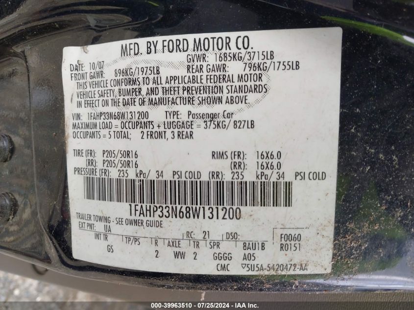 1FAHP33N68W131200 | 2008 FORD FOCUS