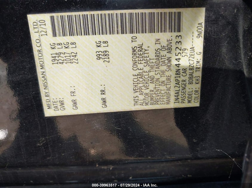 2011 Nissan Altima 2.5 S VIN: 1N4AL2AP1BN445233 Lot: 39963517