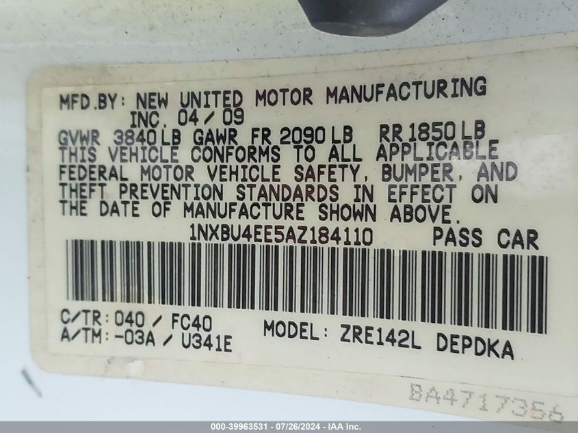 2010 Toyota Corolla Le VIN: 1NXBU4EE5AZ184110 Lot: 39963531