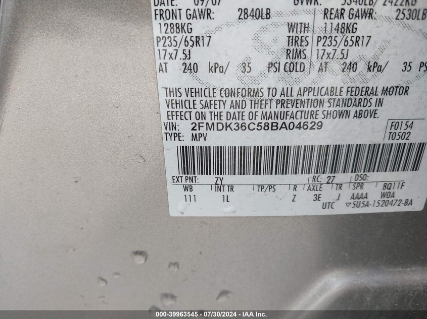 2008 Ford Edge Se VIN: 2FMDK36C58BA04629 Lot: 39963545