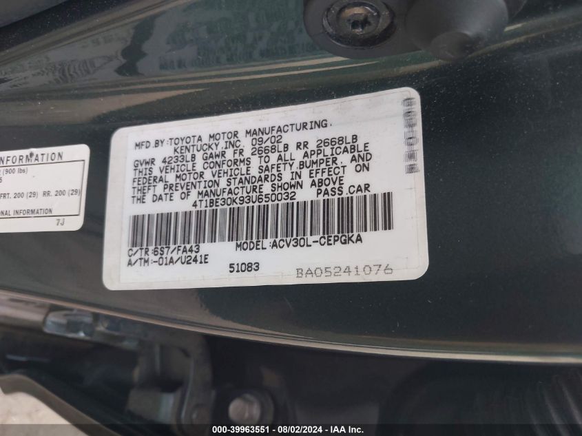 2003 Toyota Camry Xle VIN: 4T1BE30K93U650032 Lot: 39963551