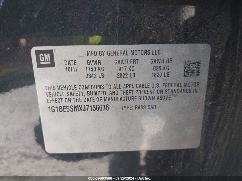 2018 Chevrolet Cruze Lt VIN: 1G1BE5SMXJ7136676 Lot: 39963568