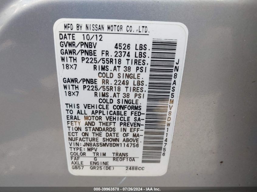 2013 Nissan Rogue Sv W/Sl Pkg VIN: JN8AS5MV8DW114756 Lot: 39963578