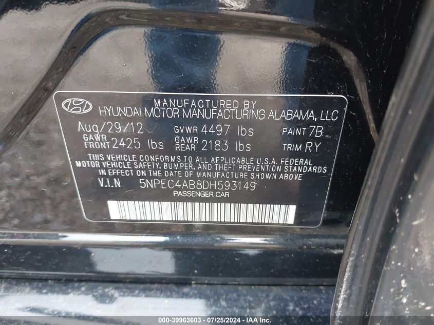 2013 Hyundai Sonata Limited 2.0T VIN: 5NPEC4AB8DH593149 Lot: 39963603