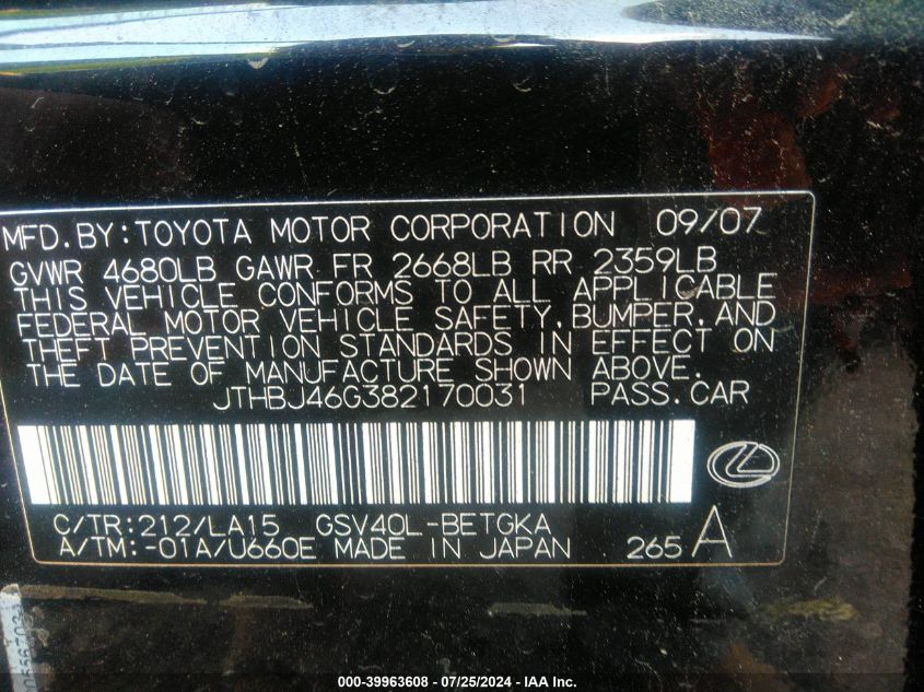 JTHBJ46G382170031 2008 Lexus Es 350