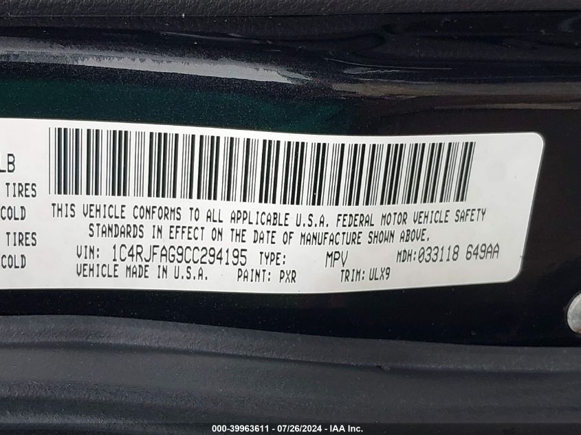 2012 Jeep Grand Cherokee Laredo VIN: 1C4RJFAG9CC294195 Lot: 39963611