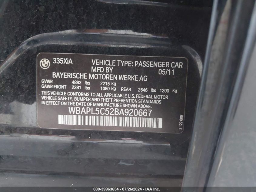 2011 BMW 335I xDrive VIN: WBAPL5C52BA920667 Lot: 39963654