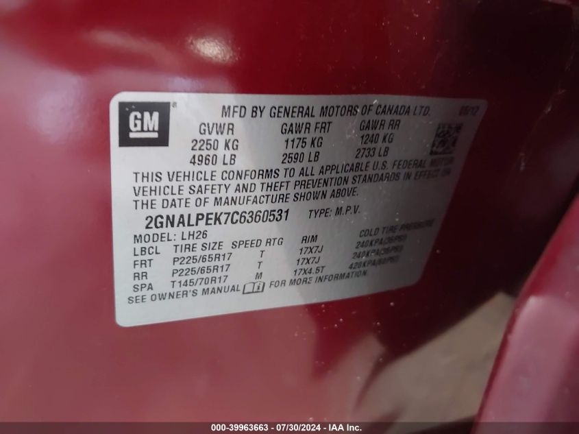 2012 Chevrolet Equinox 2Lt VIN: 2GNALPEK7C6360531 Lot: 39963663