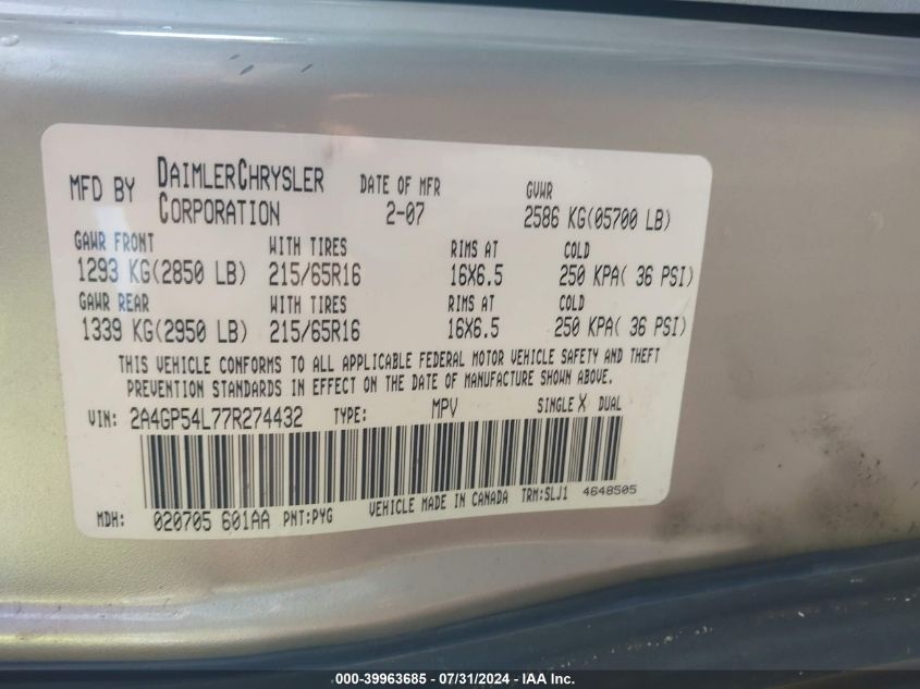 2007 Chrysler Town & Country Touring VIN: 2A4GP54L77R274432 Lot: 39963685