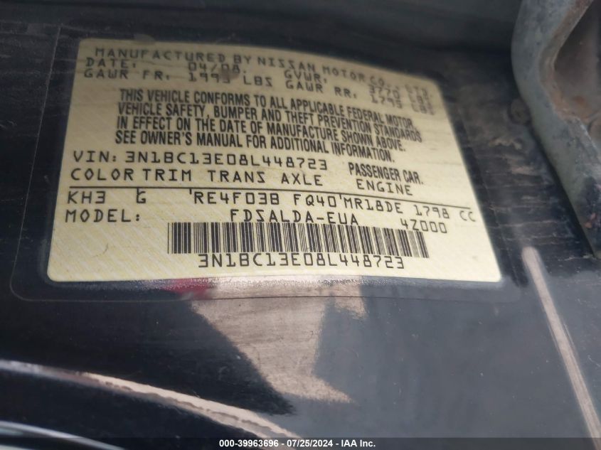 2008 Nissan Versa 1.8S VIN: 3N1BC13E08L448723 Lot: 39963696