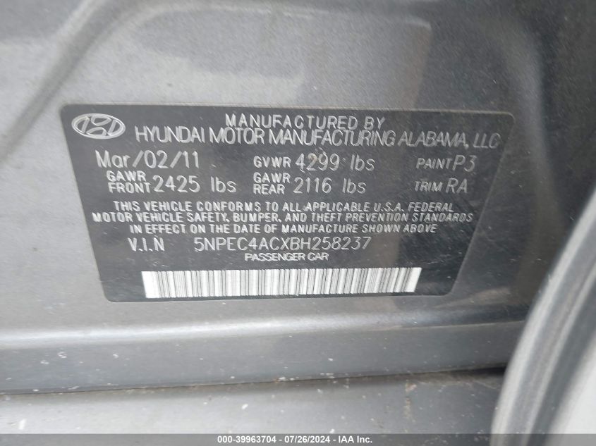 5NPEC4ACXBH258237 2011 Hyundai Sonata Se
