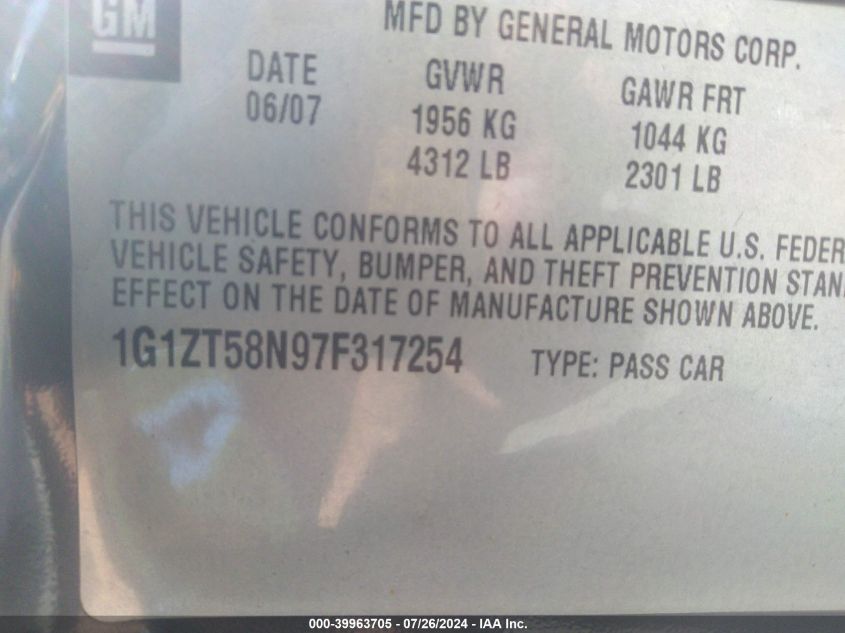 2007 Chevrolet Malibu Lt VIN: 1G1ZT58N97F317254 Lot: 39963705