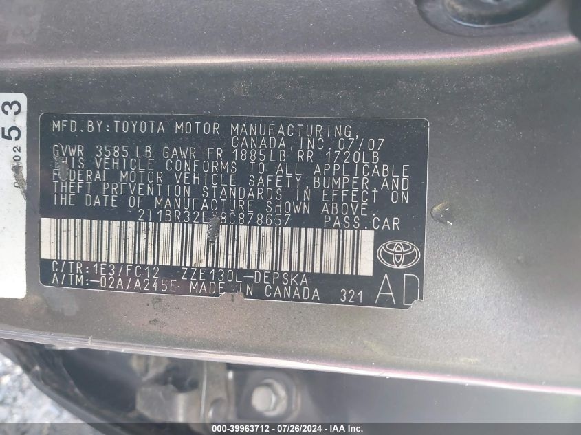 2008 Toyota Corolla Ce/Le/S VIN: 2T1BR32EX8C878657 Lot: 39963712