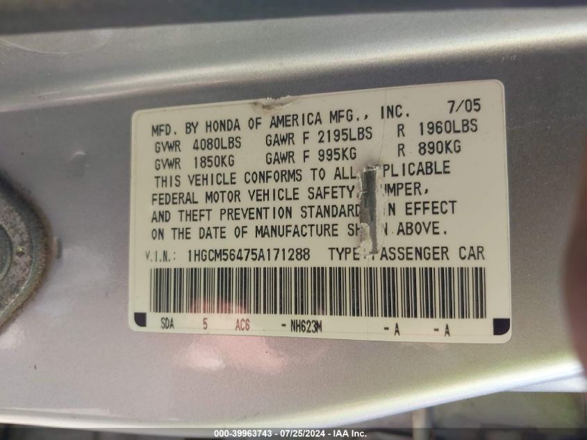 2005 Honda Accord 2.4 Lx VIN: 1HGCM56475A171288 Lot: 39963743