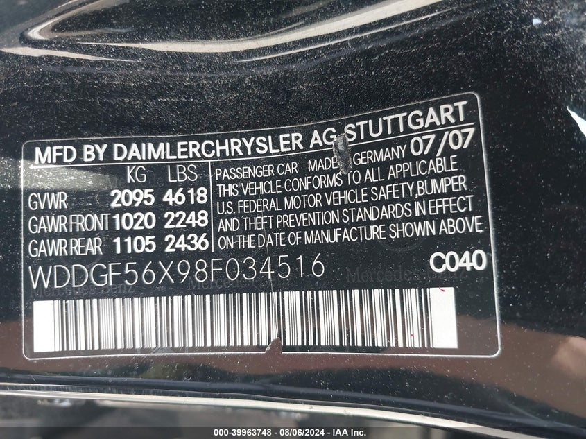2008 Mercedes-Benz C 350 Sport VIN: WDDGF56X98F034516 Lot: 39963748