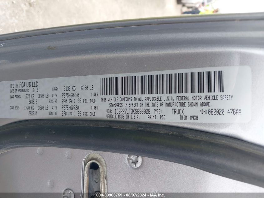 2019 Ram 1500 Classic Big Horn 4X4 5'7 Box VIN: 1C6RR7LT3KS690028 Lot: 39963759