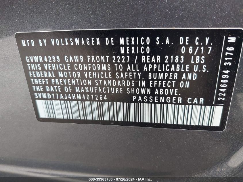2017 Volkswagen Jetta 1.8T Sport VIN: 3VWD17AJ4HM401264 Lot: 39963783
