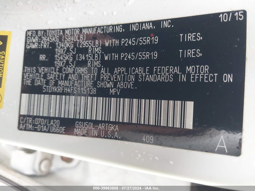 2015 TOYOTA HIGHLANDER LIMITED PLATINUM V6 - 5TDYKRFH4FS115138