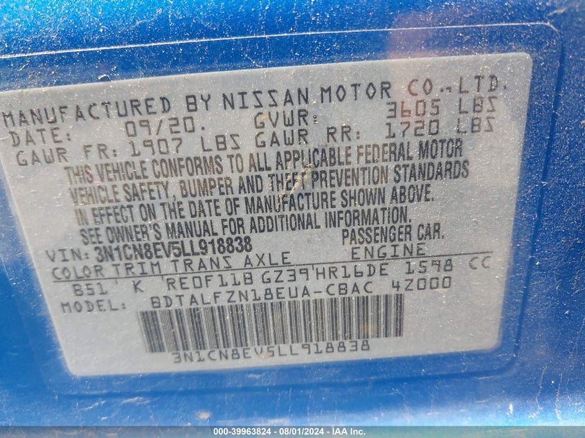 2020 Nissan Versa Sv Xtronic Cvt VIN: 3N1CN8EV5LL918838 Lot: 39963824