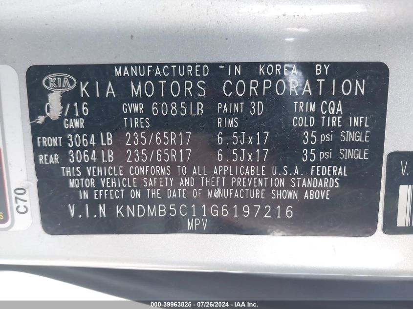2016 Kia Sedona Lx VIN: KNDMB5C11G6197216 Lot: 39963825