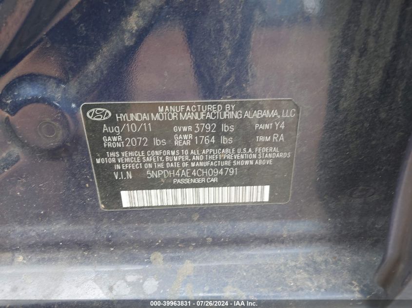 2012 Hyundai Elantra Limited VIN: 5NPDH4AE4CH094791 Lot: 39963831