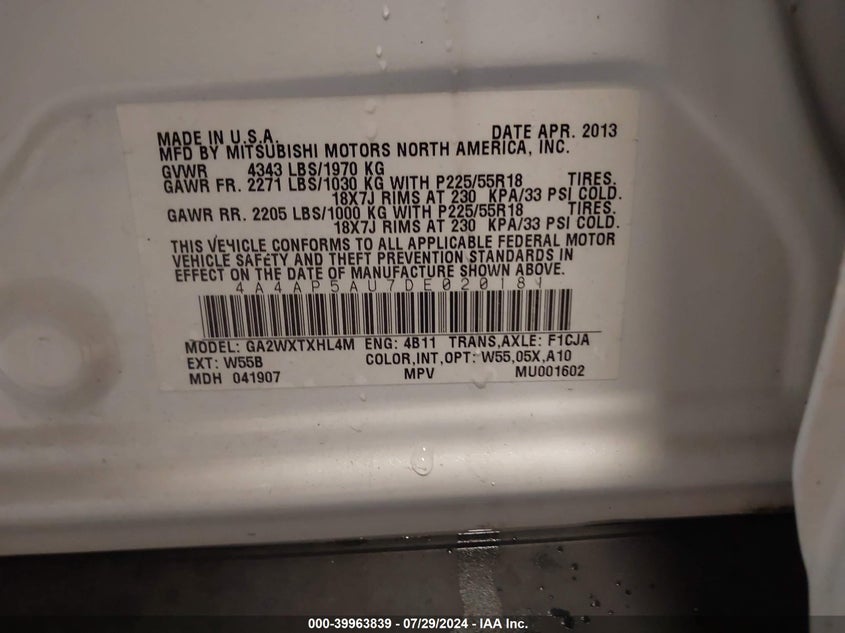 2013 Mitsubishi Outlander Sport Le VIN: 4A4AP5AU7DE020181 Lot: 39963839