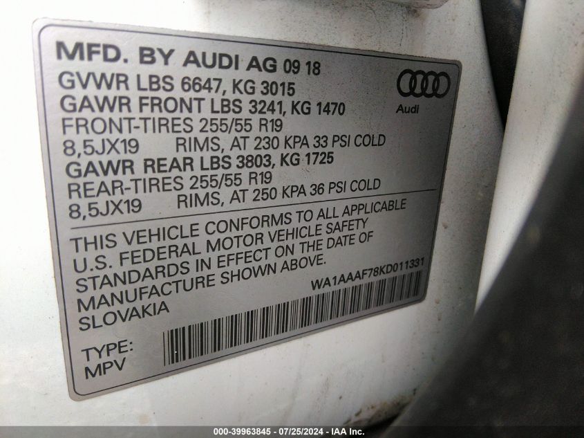 2019 Audi Q7 55 Premium/55 Se Premium VIN: WA1AAAF78KD011331 Lot: 39963845