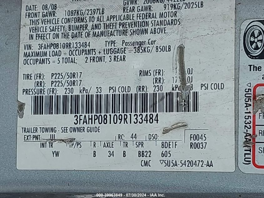 2009 Ford Fusion Sel VIN: 3FAHP08109R133484 Lot: 39963849