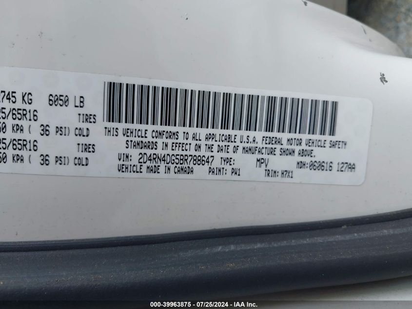 2011 Dodge Grand Caravan Express VIN: 2D4RN4DG5BR788647 Lot: 39963875