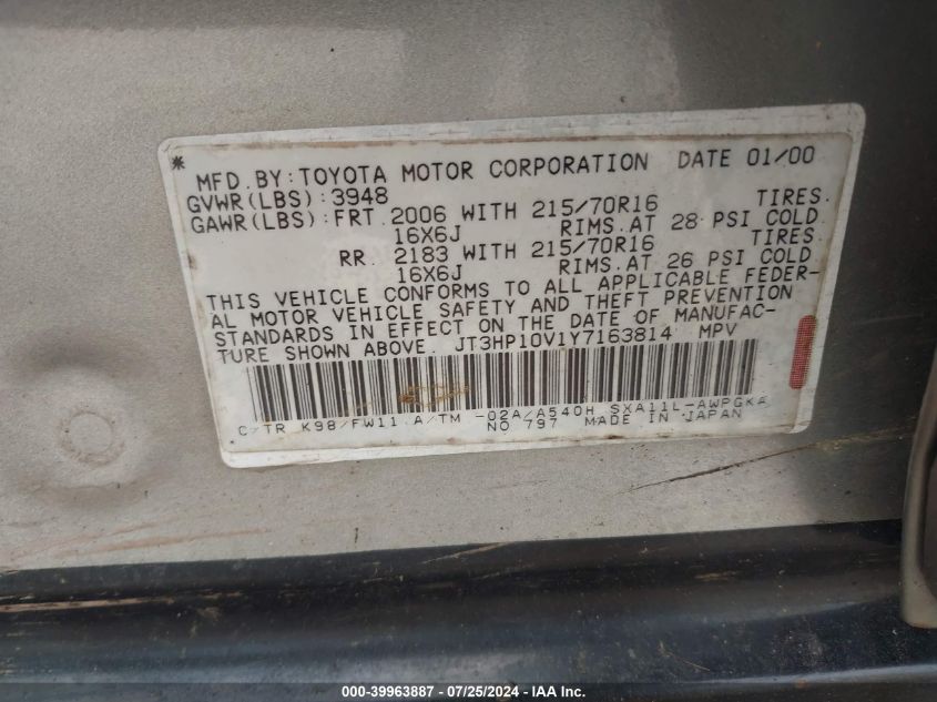 2000 Toyota Rav4 VIN: JT3HP10V1Y7163814 Lot: 39963887