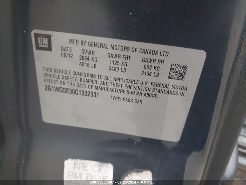 2012 Chevrolet Impala Lt VIN: 2G1WG5E36C1332001 Lot: 39963907